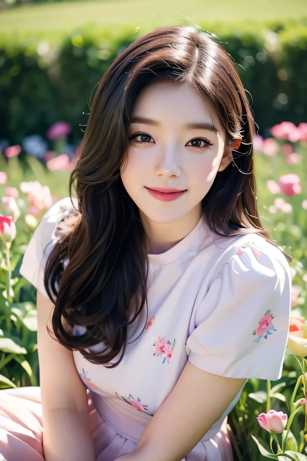 Bae irene, irene rv, a young girl in the style of the 1980s, sitting in a field of colorful flowers, looking directly at the camera and smiling, pastel-colored aesthetic, bae irene, red velvet, detailed face, beautiful eyes, detailed lips, long eyelashes, photorealistic, 8k, highly detailed, masterpiece, professional photography