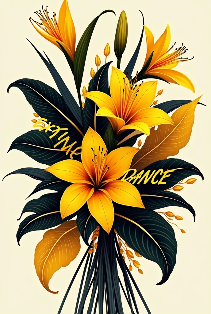 A bouquet of yellow and black flowers with the word extime dance in yellow and black.