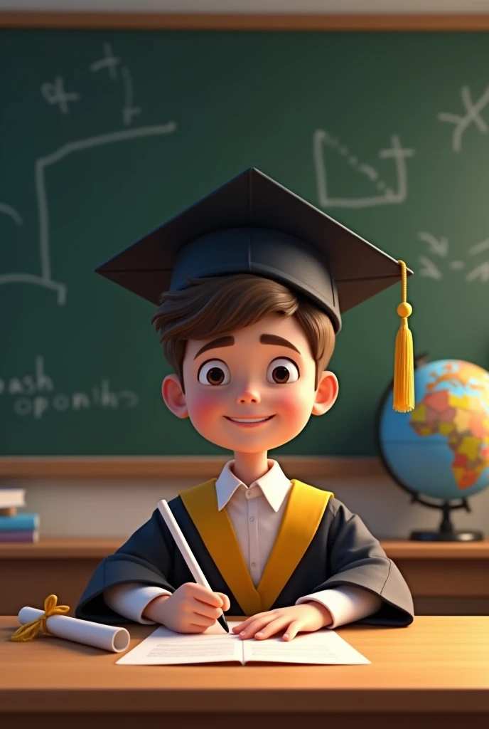 child dressed in graduation clothes sitting at the table signing diploma a blackboard in the background a globe on the table