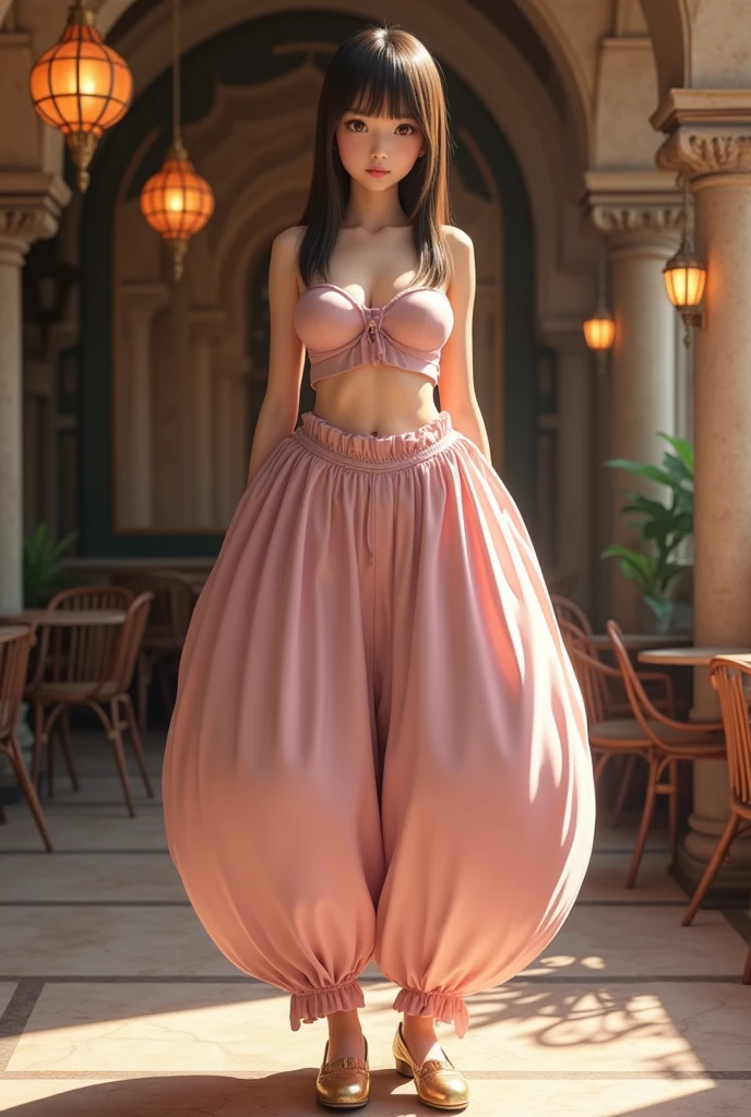 Pretty Japanese girl with super colossal breasts, solo, fullbody shot, brown eyes, brown long straight hair, hime cut, blunt bangs, blunt tips, hourglass figure, gigantic cleavage breasts, J-Cup breasts, (Insanely huge gigantic breasts, ginormous breasts:1.6), standing near an Arabian-themed cafe, wearing an Arabian outfit consisting of humongous inflatable satin full length princess Jasmine-style harem pantaloons with her belly button completely exposed, gold dance shoes, and a simple satin strapless bra. The outfit is light pink and the pants are extremely puffy and completely round and completely spherical, (Best quality:1.3).