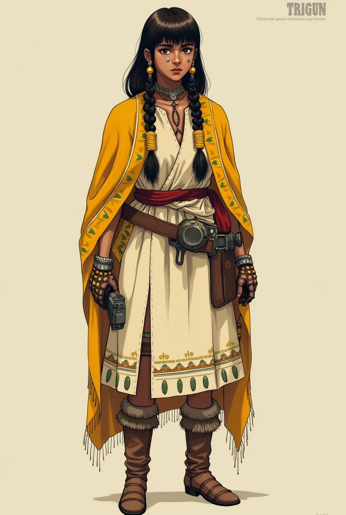 Create a Trigun: Stampede OC that's a indigenous lady, with a round figure, is attired in a tribal dress of ivory cream hue, featuring flaps at the hemline to discreetly conceal her weaponry. She drapes a yellow shawl embellished with tribal patterns and possesses three triangular birthmarks on her right cheek. Her dark brown hair is fashioned into two sizable beaded pigtails at the front, devoid of bangs, and she stands at a height of 5'1".