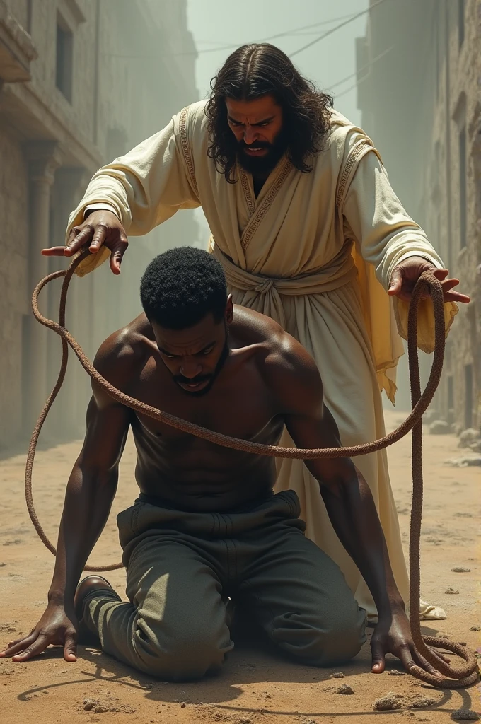 Jesus whipping a black man with a whip