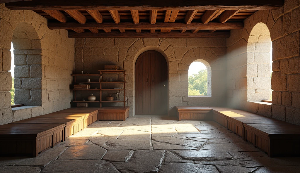 Create a highly realistic 3D rendering of a medieval game setting. The scene must be horizontal medieval room interior Natural Lighting: Use soft lighting that highlights the textures of stone and wood, creating realistic shadows that add depth to the scene.