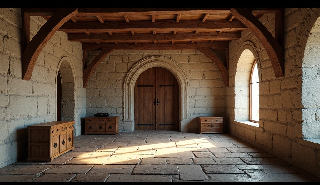 Create a highly realistic 3D rendering of a medieval game setting. The scene must be horizontal medieval room interior Natural Lighting: Use soft lighting that highlights the textures of stone and wood, creating realistic shadows that add depth to the scene.