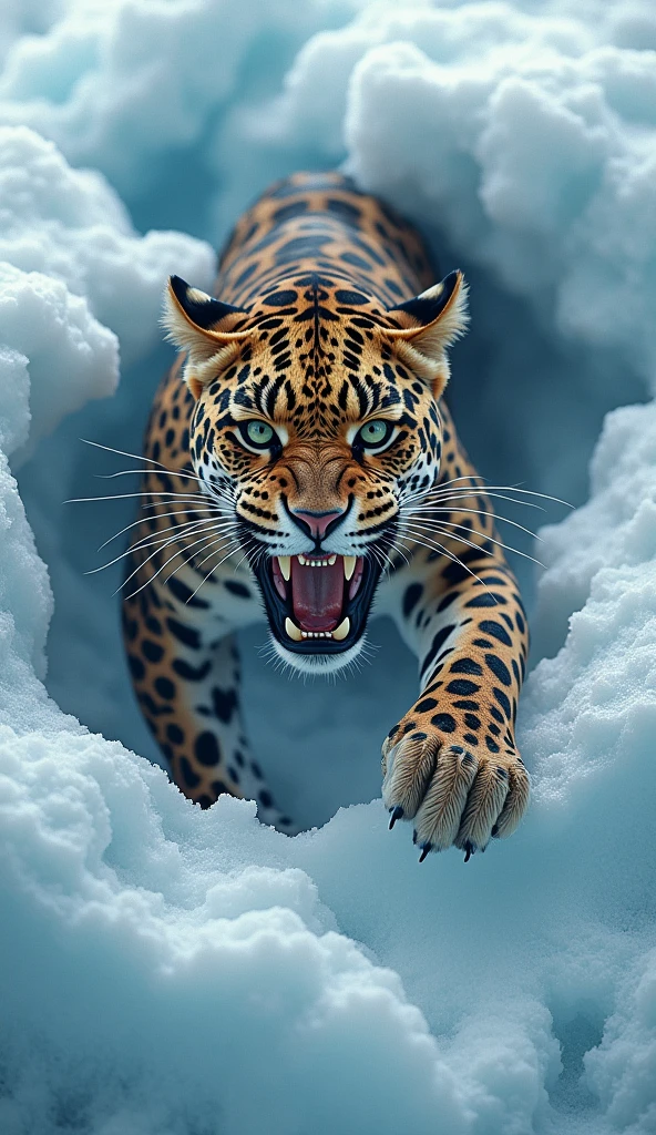 a leopard is breaking through ice with its mouth, digital art animal photo, artistic 4 k, fierce expression 4k, wallpaper 4k, wallpaper 4 k, wallpaper hd, jaguar, high quality 8 k, amazing wallpaper, high-quality wallpaper, phone wallpaper hd, amoled wallpaper, amazing depth, mobile wallpaper, 8 k ultra realistic animal, cinema 4 d art