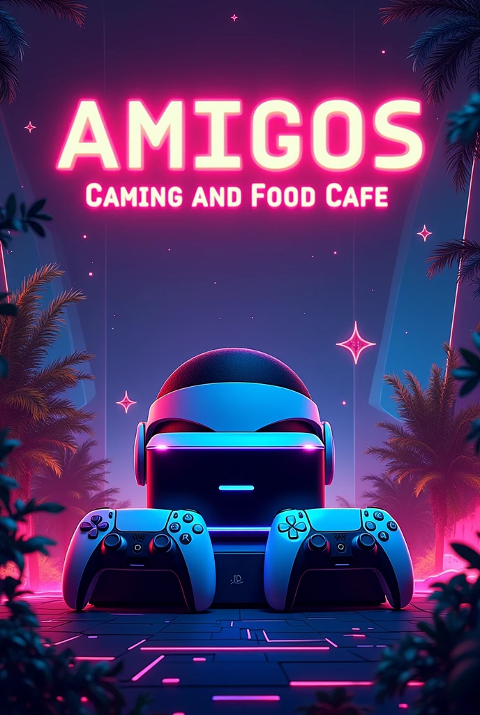 Banner Background: Dynamic and vibrant, with a blend of neon colors that evoke excitement and energy]

Header:

Amigos Gaming and food cafe

Subheader:

VR & PS5 Haven

Visual Elements:

Center Image: A sleek VR headset and PS5 console with controllers in food cafe 
Background: Abstract geometric patterns or digital art to convey a nuture vibe.
Additional Graphics: Subtle gaming icons or abstract shapes that complement the main visuals.
Footer:

Join Us for Epic Gaming Sessions!

Contact Information:

[Your Contact Details]
