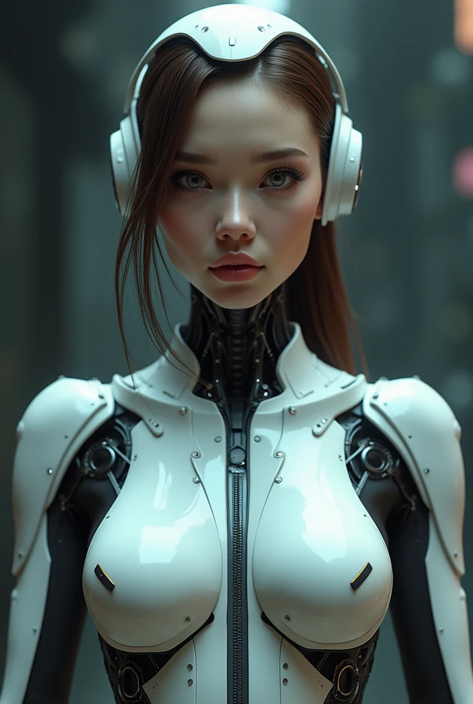 a close up of a woman in a futuristic suit posing, cyberpunk art inspired by Luis Royo, trending on Artstation, digital art, gynoid cyborg body, biomechanical oppai, oppai cyberpunk, girl in mecha cyber armor, beutiful white girl cyborg, in white futuristic armor, cybersuit, gynoid body, perfect cyborg woman