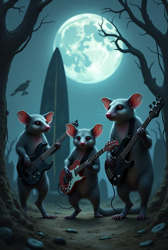 3 evil possums playing in the cemetery, one the bass, another one the electric guitar and one the drums with the moon in the background with a surfboard as a tombstone