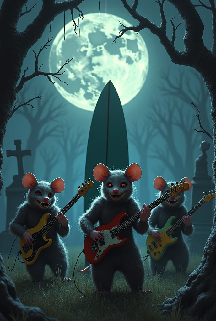 3 evil possums playing in the cemetery, one the bass, another one the electric guitar and one the drums with the moon in the background with a surfboard as a tombstone