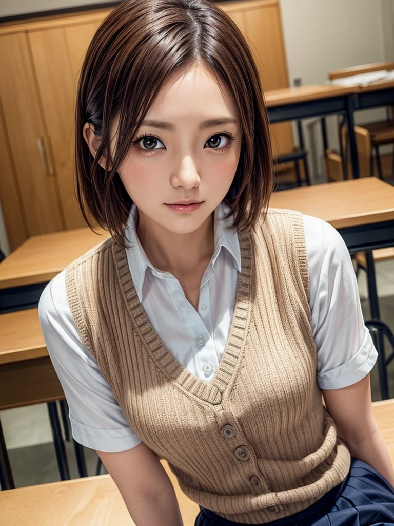 Masterpiece, Top Quality, Top Mikoto, brown eyes, short hair, small breasts, looking at viewer, alone, closed mouth, collared shirt, beige knit vest, dark blue  Skirt, school_uniform, shirt, white_shirt, classroom,Masterpiece, highest quality, 8K, detailed skin texture, fine cloth texture, beautiful detailed face, intricate details, super detailed,cute,cute posing,composition that shows the whole body, brown hair,Pointing a finger like a gun, aiming straight ahead