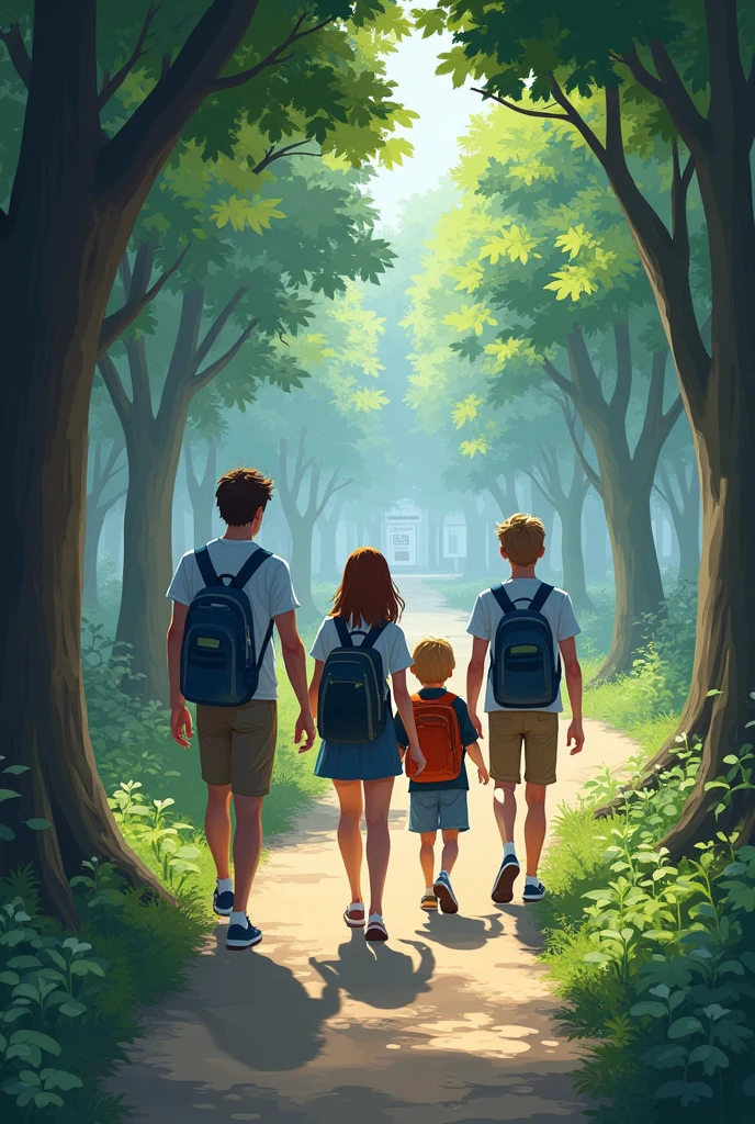 teacher leading a group of teenage students in a line along a path where at the end there are study elements such as books, computers and references to artificial intelligence