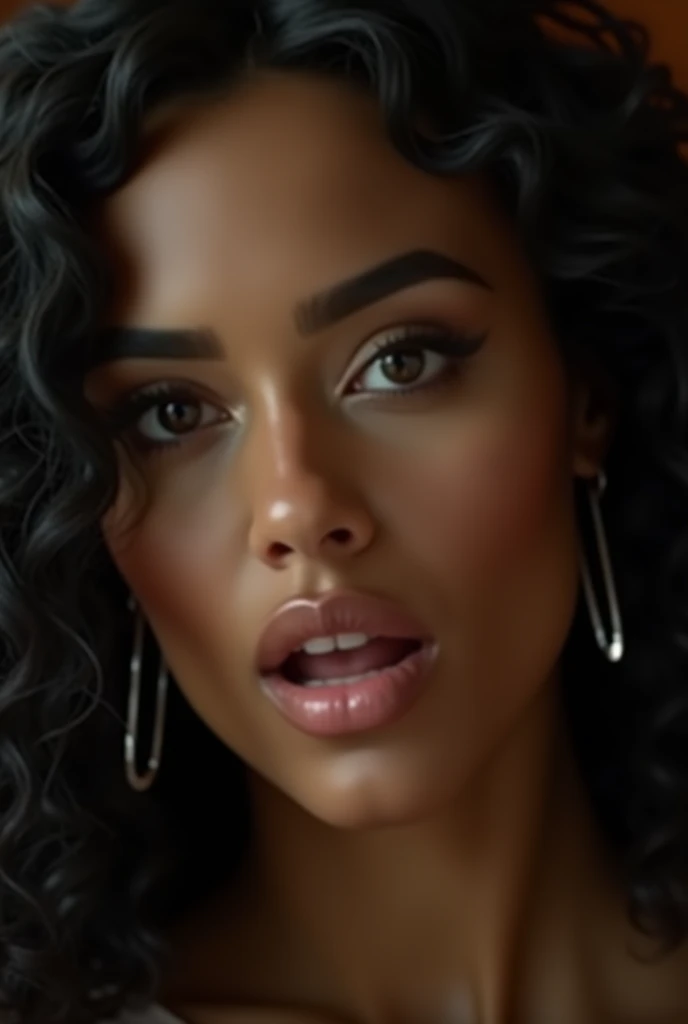 raw-photo, hyper realist, Close-up of a beautiful woman with a giant ass, long and curly black hair, naughty face, wearing low-cut panties, breasts bare, sensuous. 