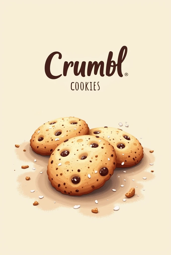 An illustration for a cookie micro-business that is soft and not so colorful but eye-catching that says crumbl cookies and along with a short slogan