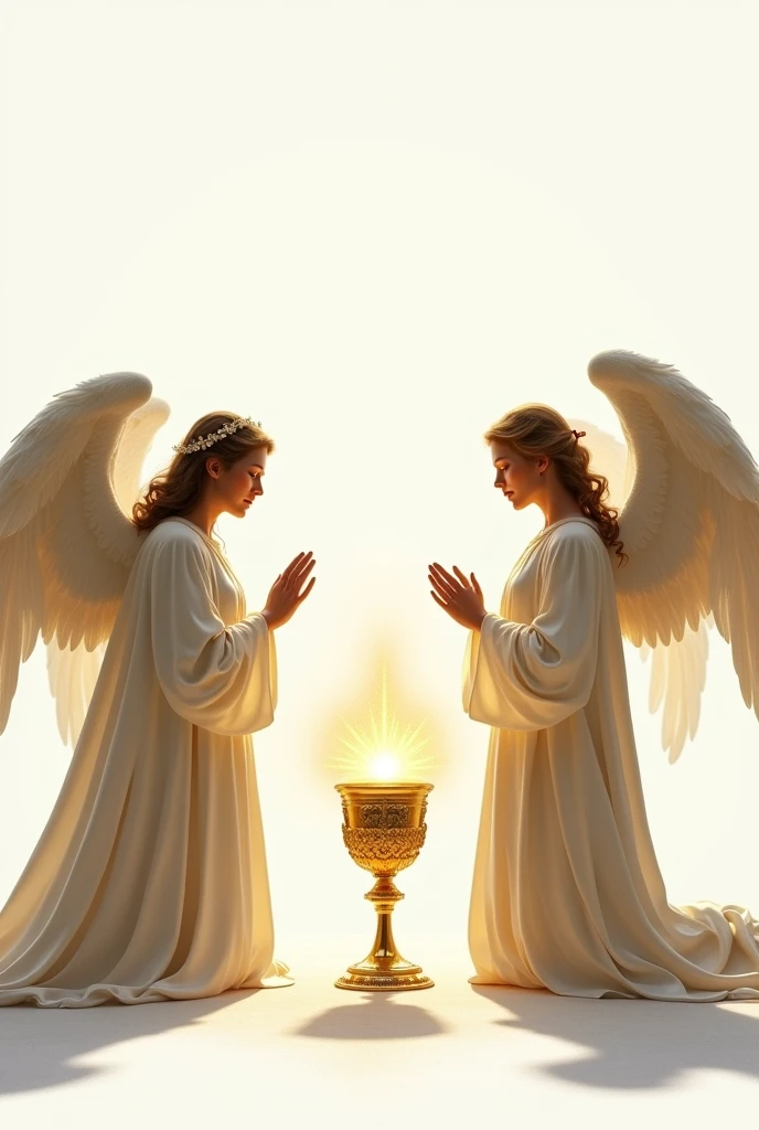 Two biblical archangels on their knees guard the chalice and a golden host on a white background, in the style of bouguereau.