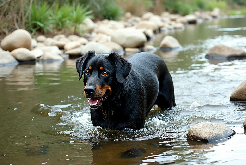 there is a Picasso style black dog that is standing in the water, dog, at the waterside, black dog, a handsome, in a pond, in the water, a dog, river in front of him, the photo shows a large, bear, labrador, menacing!, playing with the water, emerging from the water, wet fur, handsome, nice face
