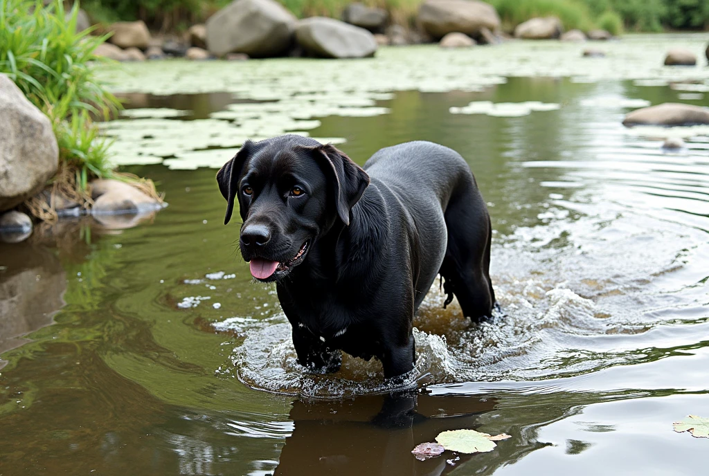 there is a Picasso style black dog that is standing in the water, dog, at the waterside, black dog, a handsome, in a pond, in the water, a dog, river in front of him, the photo shows a large, bear, labrador, menacing!, playing with the water, emerging from the water, wet fur, handsome, nice face