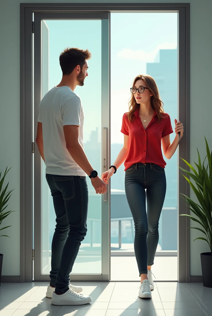 A young man wearing a white half shirt, black jeans, white shoes and a smart watch opens the glass door of his office from outside and a young woman wearing a red top, black jeans, white shoes and specs opens the door from inside.