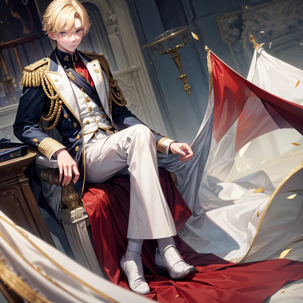 There was a 1 boy with blonde hair and red eyes, standing holding a national flag, looking cool, wearing a high-ranking white soldier, standing out, sitting on a nobleman's chair, sitting cross-legged.
