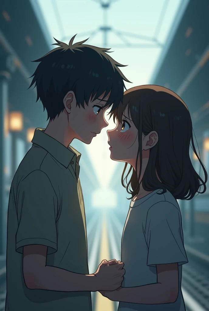 generate a sad sanime of boy and girl saying goodbye to each other