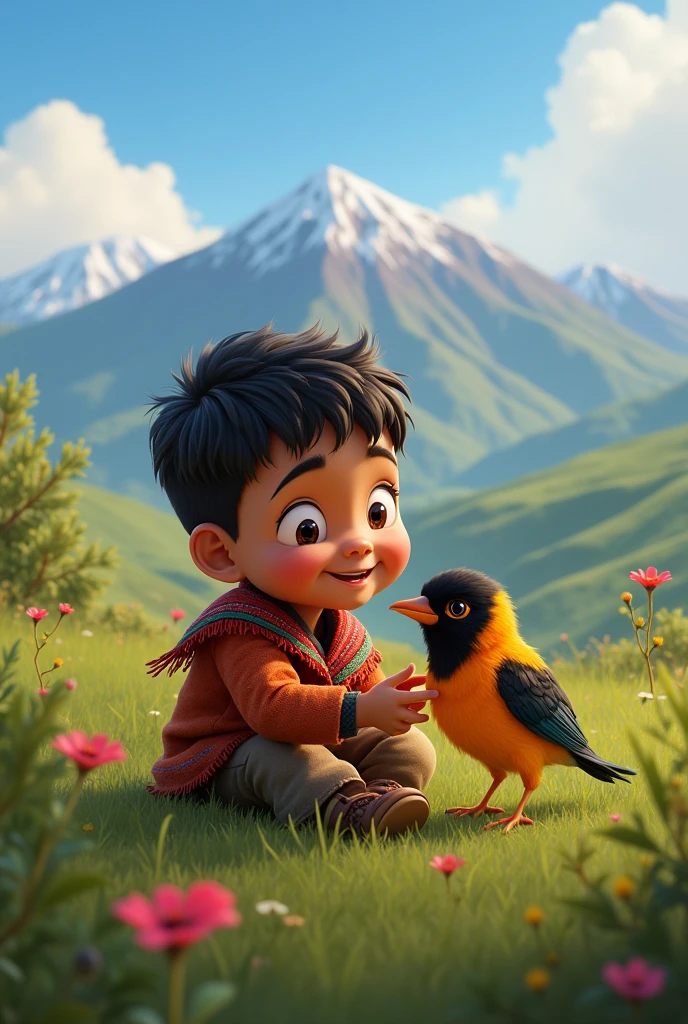 Peruvian boy playing with the calandria bird