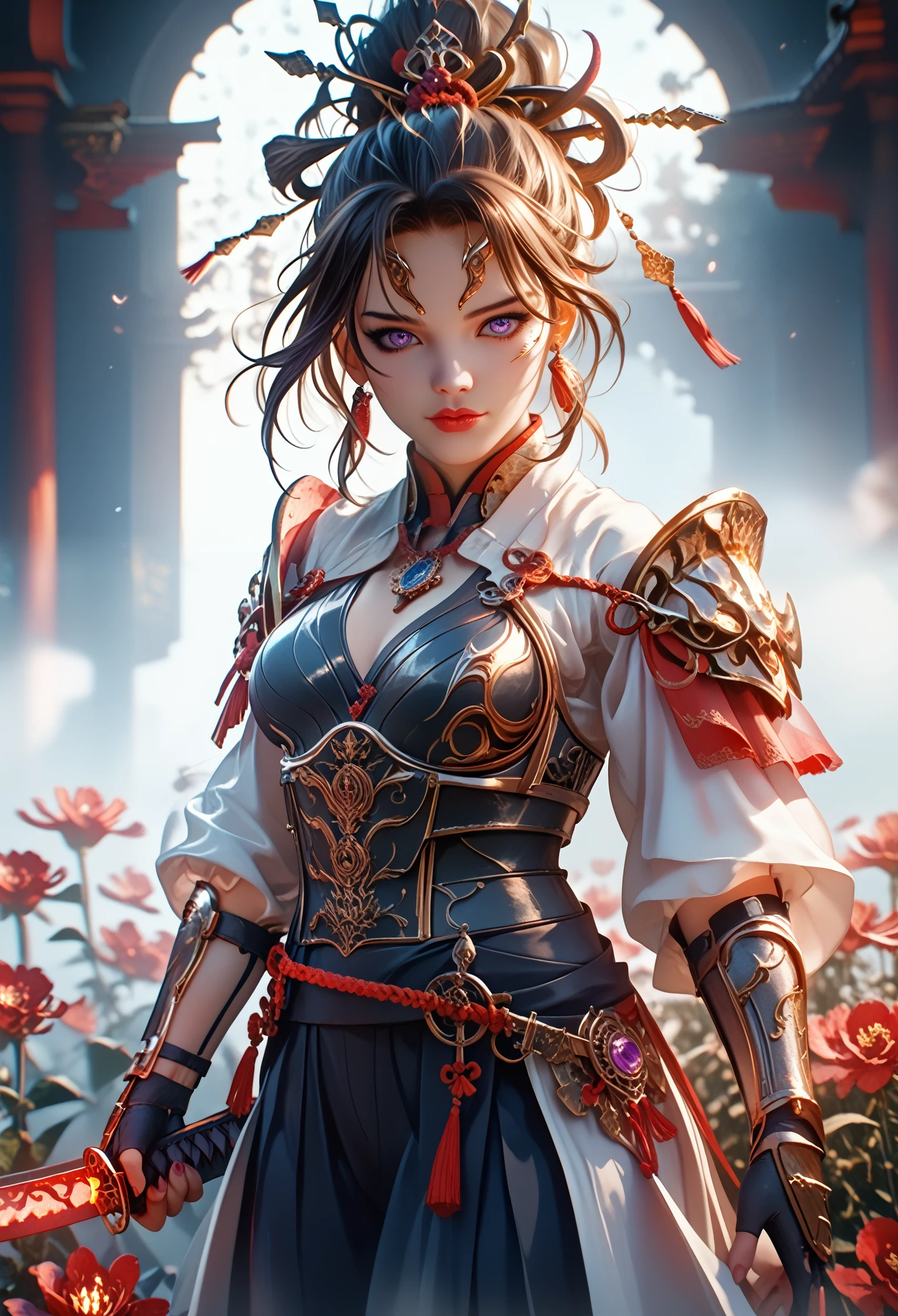 Anime Girl 1,sexual, beautiful, holding a katana in his hand , hkwarrior, bright colors,shine, Two hair colors, Clear drawing of details, masterpiece, maximum of ideal qualities, Average beautiful Breasts, Body parts are visible, textile, Small armor, Black Mystical Background, Detailed drawing of the entire painting, maximum details, Flowers Purple Shine, water,EMOTIONS, ultra detail, High Quality Resolution, Maximum Accurate Drawing, Epic Picture, dynamic shadows, Fantasy, Warrior Courage, score_9,score_8_up,score_7_up,dramatic lighting,highly detailed,high budget,bokeh,cinemascope,moody,epic,gorgeous,film grain,grainy,masterpiece,best quality,perfect anatomy,very aesthetic,official art,8k, Shine and Clarity, intricate details,