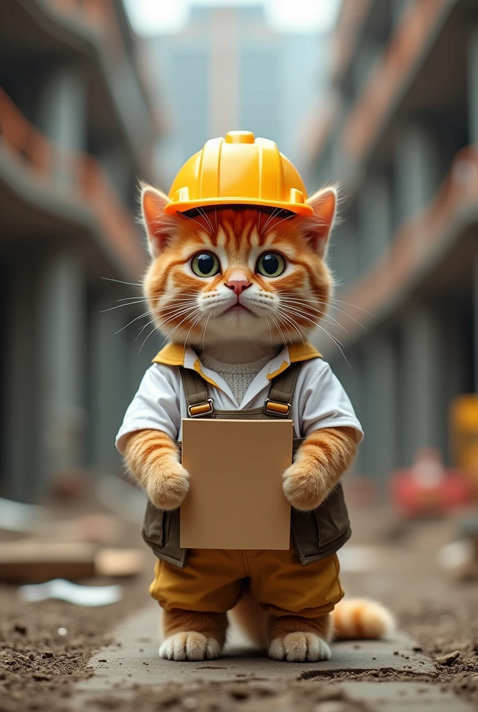 Cute close-up photo of an orange construction cat., In the building, complicated details, ((The crafty cat)) ,Two-legged standing,white shirt, Standing on two legs,Intention,Work clothes,แมวใส่Work clothesก่อสร้าง,Engineer suit,Yellow hat,Engineer's hat,Hold the paper.,Holding a file
