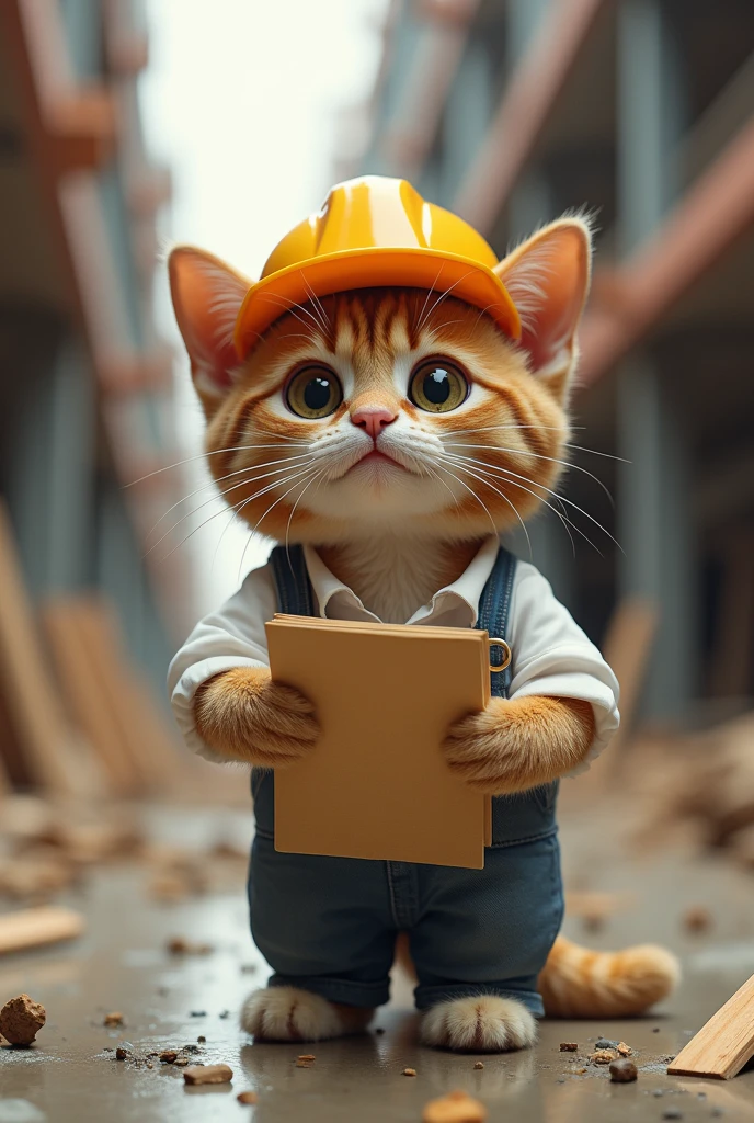 Cute close-up photo of an orange construction cat., In the building, complicated details, ((The crafty cat)) ,Two-legged standing,white shirt, Standing on two legs,Intention,Work clothes,แมวใส่Work clothesก่อสร้าง,Engineer suit,Yellow hat,Engineer's hat,Hold the paper.,Holding a file