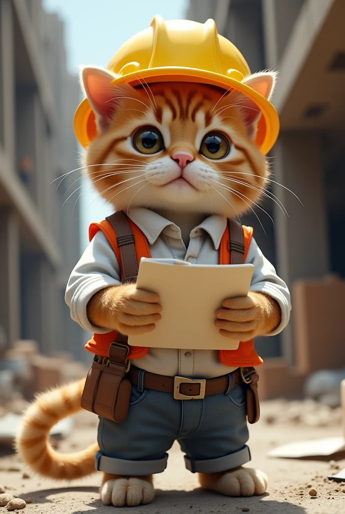 Cute close-up photo of an orange construction cat., In the building, complicated details, ((The crafty cat)) ,Two-legged standing,white shirt, Standing on two legs,Intention,Work clothes,แมวใส่Work clothesก่อสร้าง,Engineer suit,Yellow hat,Engineer's hat,Hold the paper.,Holding a file