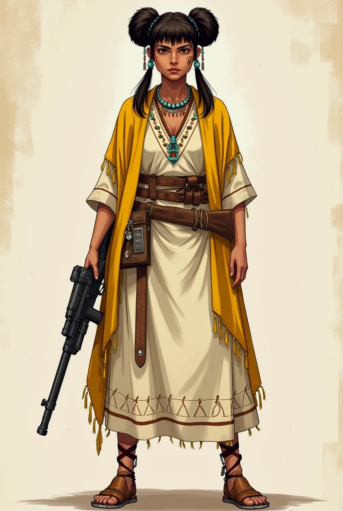 Create a Trigun: Stampede OC that's a indigenous lady, with a round figure, is attired in a tribal dress of ivory cream hue, featuring flaps at the hemline to discreetly conceal her weaponry. She drapes a yellow shawl embellished with tribal patterns and possesses three triangular birthmarks on her right cheek. Her dark brown hair is fashioned into two sizable beaded pigtails at the front, devoid of bangs, and she stands at a height of 5'1".