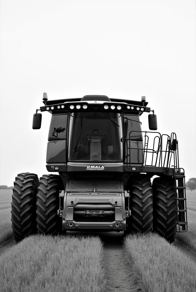 Create a black and white image of a combine harvester 