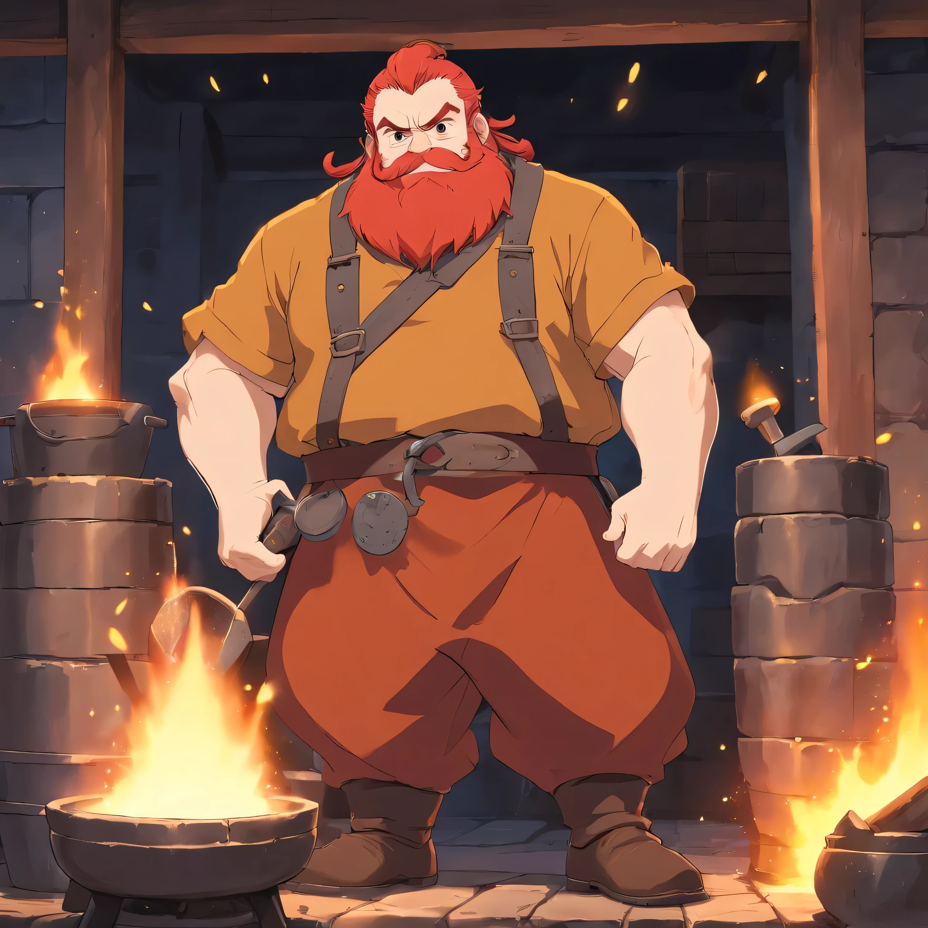 a 1.25 m tall dwarf, wearing a blacksmith's uniform while working in a forge, he has short red hair and a long red beard. His body is in the bara style, he has a lot of muscle, but still has some fat and a little belly. His appearance is masculine. Ilustration