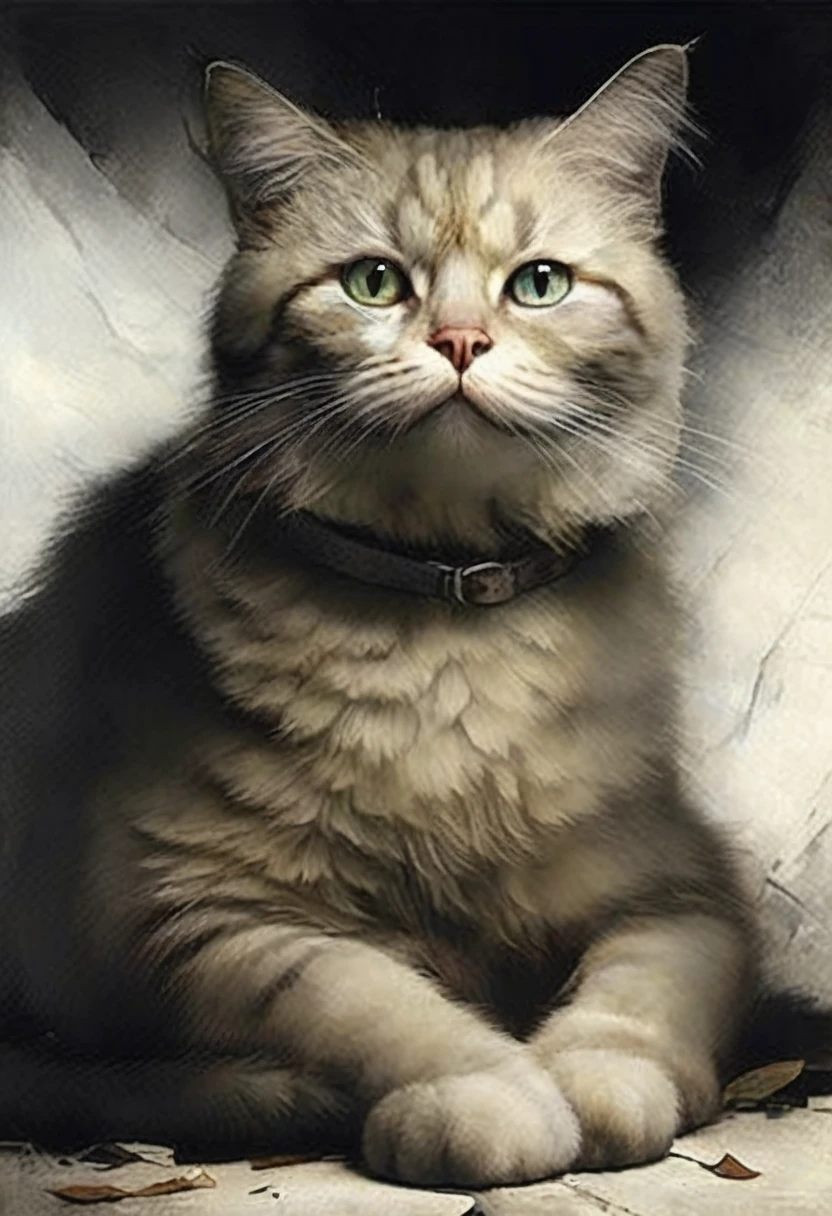 An old fighter cat, a scar across the eye, a sad look, half an ear. fucked up. Ideal body anatomy. Beautiful face and look. The disturbing and grotesque world of Stephen Gummel. Style by Andrew Wyeth “Scary Stories Told in the Dark.
