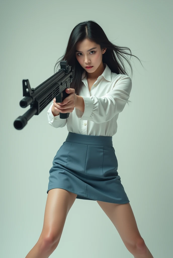 beautiful chinese office lady white shirt blue mini skirt realistic machine gun toting hip firing real person legs apart standing rampage shooting serious expression side target 


