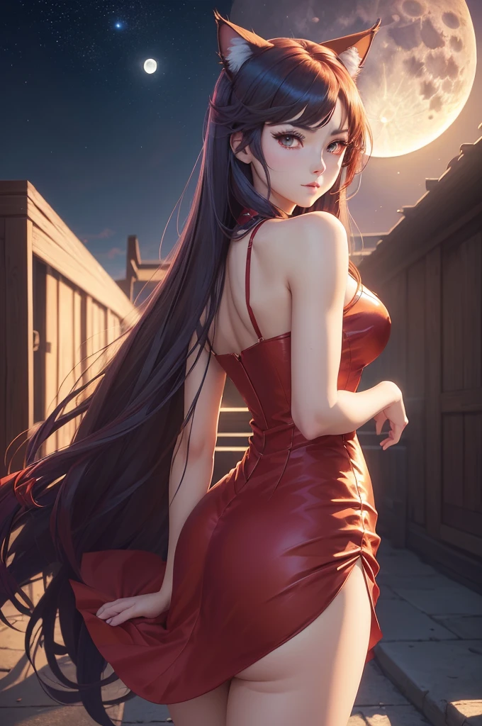 [((A woman with cat ears and a red dress is posing in front of a full moon. The image is rendered in an extremely detailed and seductive anime style, inspired by the works of Artgerm, Alena Aenami, and Ryuko Matoi. The woman has an alluring and beautiful appearance, with a focus on her cat ears, red dress, and the full moon in the background. The overall effect is that of a stunning and captivating anime illustration, with a sense of beauty and seduction.)))]