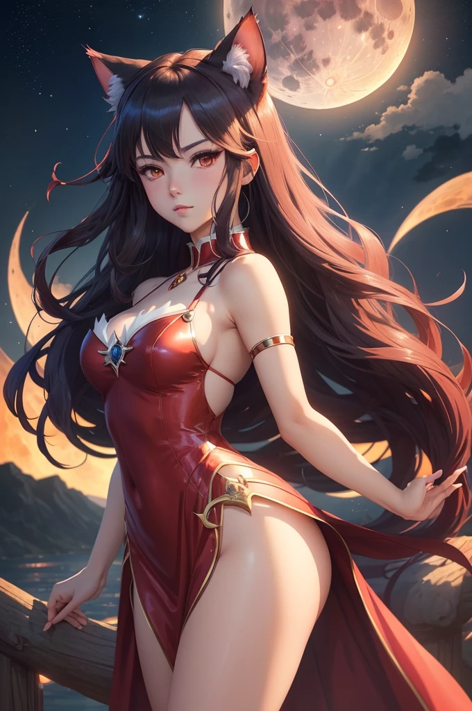[((A woman with cat ears and a red dress is posing in front of a full moon. The image is rendered in an extremely detailed and seductive anime style, inspired by the works of Artgerm, Alena Aenami, and Ryuko Matoi. The woman has an alluring and beautiful appearance, with a focus on her cat ears, red dress, and the full moon in the background. The overall effect is that of a stunning and captivating anime illustration, with a sense of beauty and seduction.)))]