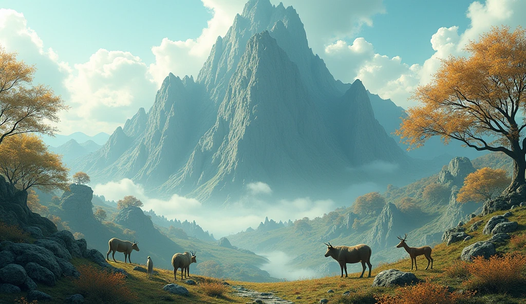 Panorama,There is a mountain covered with ash trees(best quality,4K,8k,High level,masterpiece:1.2),Ultra Detailed,(lifelike,Photo real,Photo real:1.37),Highly detailed animals,Complex patterns,Realistic lighting,Fantasy Creatures