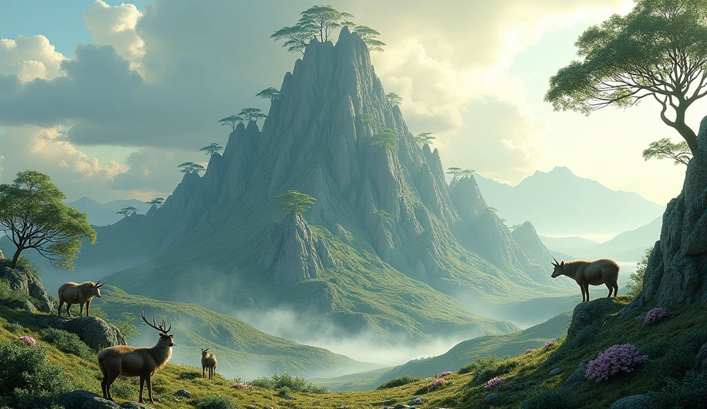 Panorama,There is a mountain covered with ash trees(best quality,4K,8k,High level,masterpiece:1.2),Ultra Detailed,(lifelike,Photo real,Photo real:1.37),Highly detailed animals,Complex patterns,Realistic lighting,Fantasy Creatures