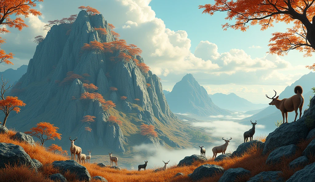 Panorama,There is a mountain covered with ash trees(best quality,4K,8k,High level,masterpiece:1.2),Ultra Detailed,(lifelike,Photo real,Photo real:1.37),Highly detailed animals,Complex patterns,Realistic lighting,Fantasy Creatures