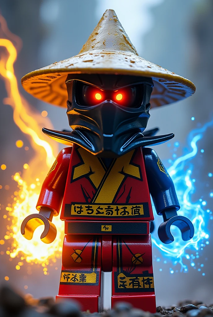 Créer moi un lego ninja go en lego le premier maitre du spijisufuturiste de la dernière puissance dimensionaire un ninja de titane avec un chapeau de paille pointu en gris sur la tête noir et un masque de couleur blanc profond, gris, lum clair sur la tête et un petit bandeau en forme de rond en or profond autour de la bouche, avec une peau sombre noir et il faut des traces d’électricité jaune et bleu foncé dans le visage et un regard terrible de noirceur avec des yeux ridé en rouge fonce profond brillant avec une puissance incroyable avec comme puissance élémentaire l’électrique, l’énergie, la terre, le feu, la glace. Les habits du ninja doit être en rouge anthracite, jaune clair et golden suprême et fer anthracite avec des reure en forme d’électricité bleu clair et jaune brillant et des écritures japonaises et le parchemin du spinjisu interdit ninjago en golden. Un ninja imbattable monstrueux beaucoup trop puissant qui contrôle tous les pouvoirs élémentaires. Le ninjadoit être destructeur et soif de victoire un gentil et mechant avec un sabre dans le dos