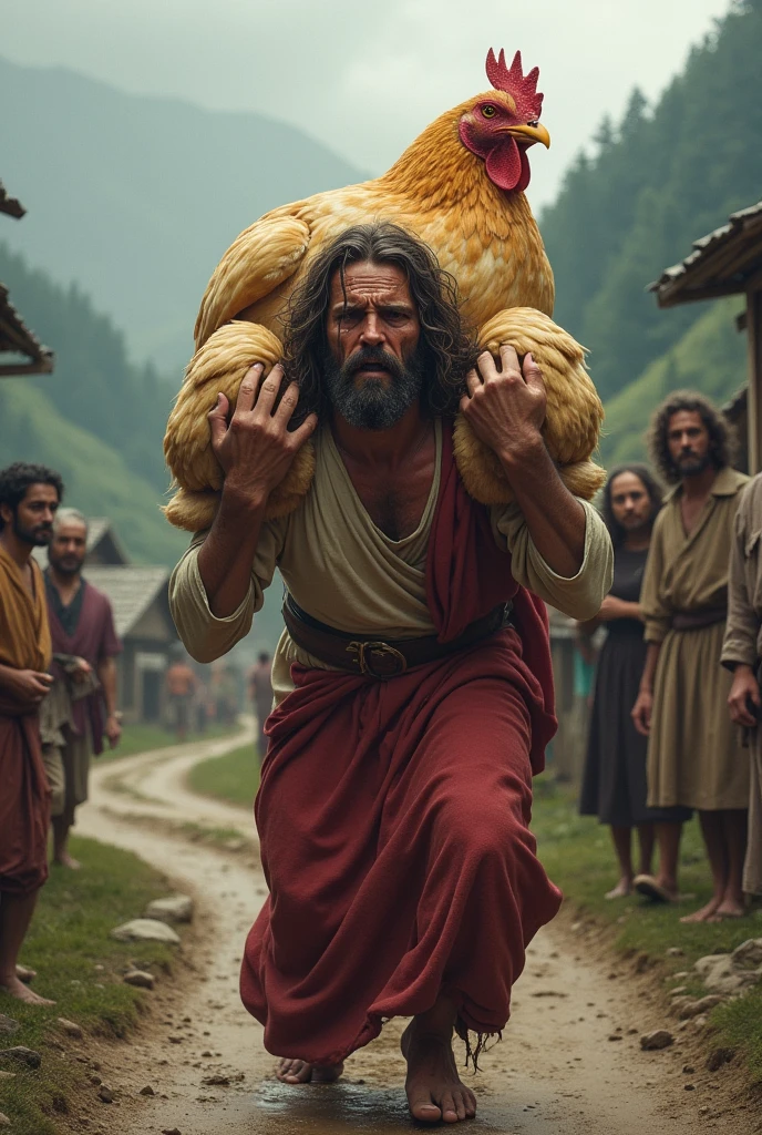 Create a dramatic scene of Jesus Christ struggling to carry a giant chicken  in his sholder up a muddy, rural road in a mountainous village. The sky is overcast, reflecting his effort and suffering. Jesus is visibly sweating and tears are streaming down his face. Villagers are watching him with expressions of awe and concern. The road is rough and the village is rustic, with simple, traditional houses in the background."
