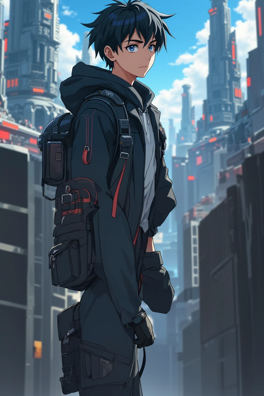 anime boy, perfect anatomy, full backpack, Gloves without fingers, Detailed hands, futuristic aesthetic pants