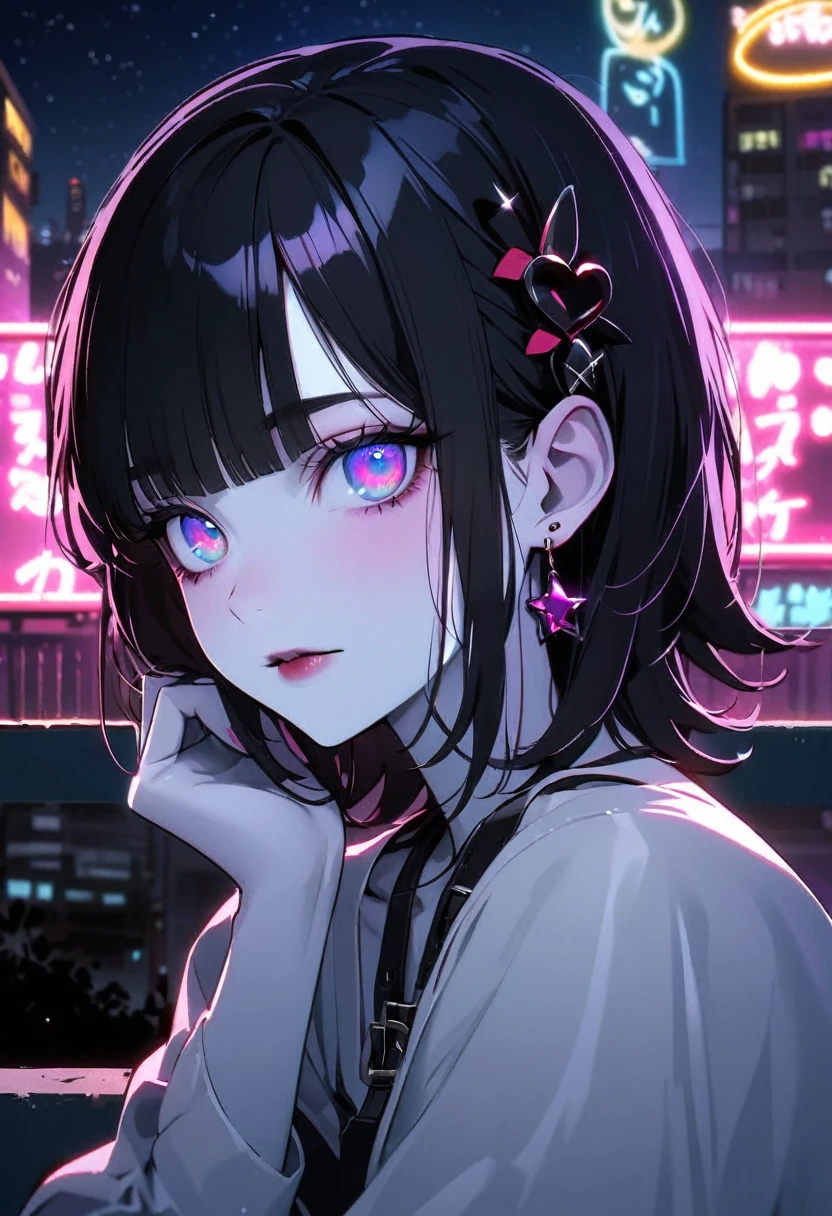 ((Building rooftop: 1,3)), ((Gothic_punk, Solitary, Medium shot, Take a walk on the rooftops of Harajuku, ((night)), Vague, Neon lights, iridescent eyes, Starry Sky, Shiny black hair, White eyebrows, Shiny hair, (Iridescent black hair), Earring, OK, Jewelry, Dull bangs, Busy eyes, Background Vague, Vague, Hair accessories, gaze, short hair, portrait, Side Lock rest ((Swedish girl, White skin, Caucasian)),((Women's work clothes:1.3)), rest (Gal: 1. 1),(charm: 1. 3),(night),(Supermodel: 1.3)),rest ((earring, ring)), Cowboy shooting,((Tall people)),((Android)),((look up)),((Top corner:1. 3)), from above, Looking at the camera,((Activities)),((Thin through)) Bodycon bra with shoulder straps))
