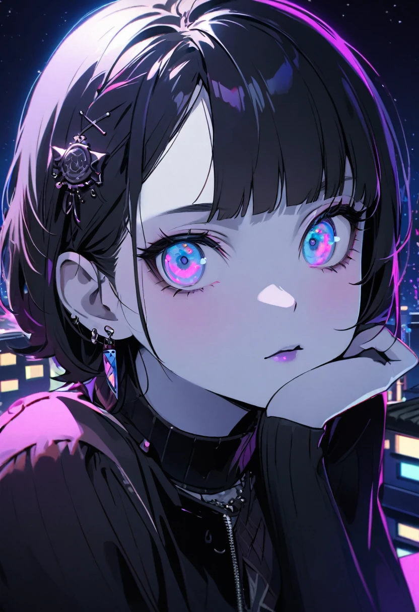 ((Building rooftop: 1,3)), ((Gothic_punk, Solitary, Medium shot, Take a walk on the rooftops of Harajuku, ((night)), Vague, Neon lights, iridescent eyes, Starry Sky, Shiny black hair, White eyebrows, Shiny hair, (Iridescent black hair), Earring, OK, Jewelry, Dull bangs, Busy eyes, Background Vague, Vague, Hair accessories, gaze, short hair, portrait, Side Lock rest ((Swedish girl, White skin, Caucasian)),((Women's work clothes:1.3)), rest (Gal: 1. 1),(charm: 1. 3),(night),(Supermodel: 1.3)),rest ((earring, ring)), Cowboy shooting,((Tall people)),((Android)),((look up)),((Top corner:1. 3)), from above, Looking at the camera,((Activities)),((Thin through)) Bodycon bra with shoulder straps))