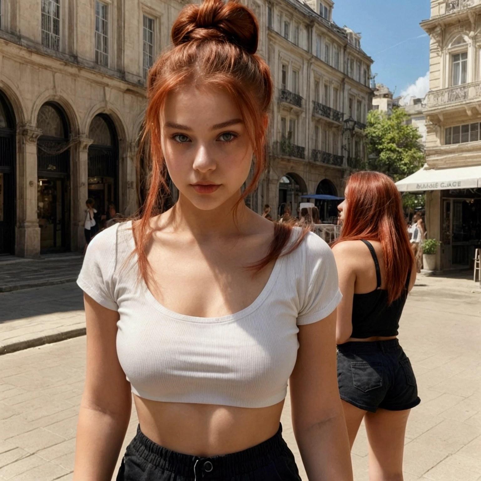 beautiful young woman, 20 years old, red hair, brown eyes, realistic, wearing a bun with her hair half loose, wearing a white top and black shorts on a sunny morning in a busy square