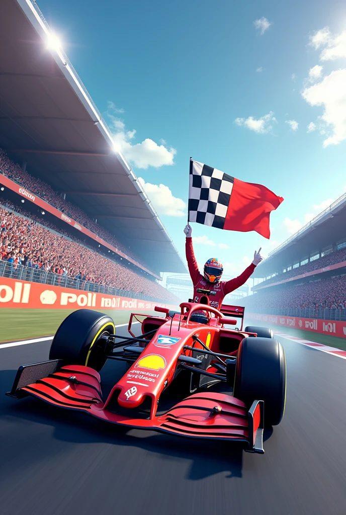 F1 racing car with winer flag in a stadium of full public