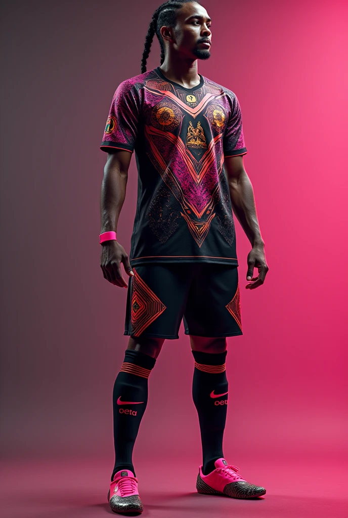 Make me a soccer uniform with a spectacular design with mostly black colors, with pink finishes and gold details