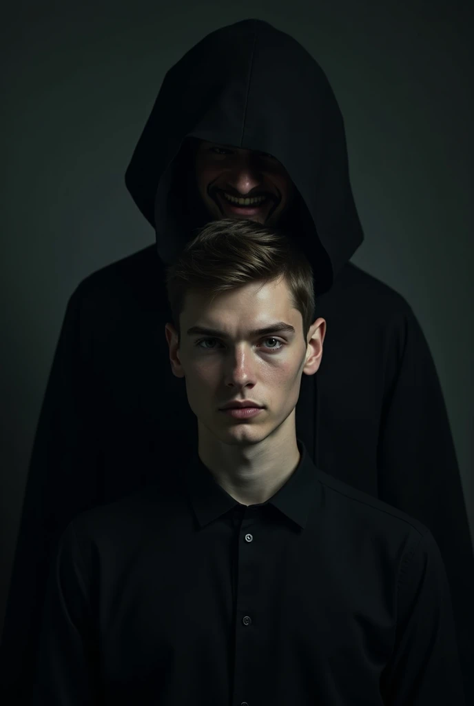 Photograph of a young man with a shadowy, undefined shadow behind him, an evil being with a macabre smile