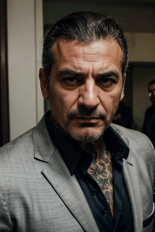 Late middle-aged Italian thug, tattooed knuckles, open necked silk shirt, expensive suit. Greying hair, close cropped, crooped stubble on his face. Hard edged, cruel expression.
