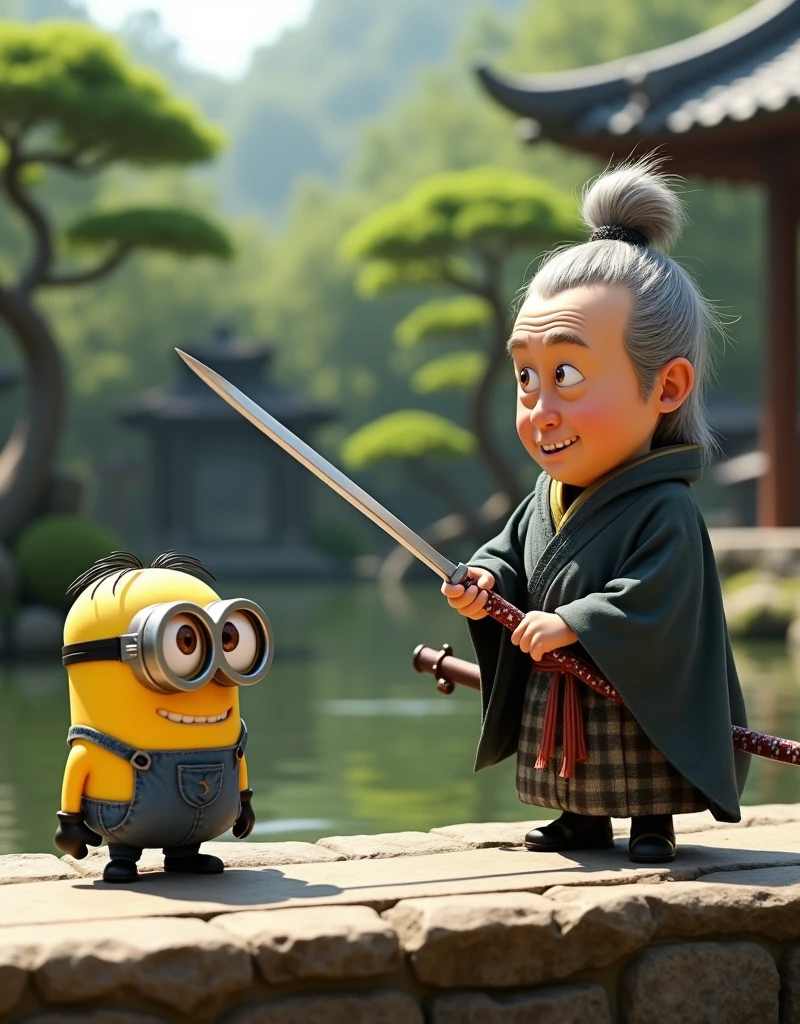 
Minion Kevin .  Meet the old samurai practicing swordsmanship 
