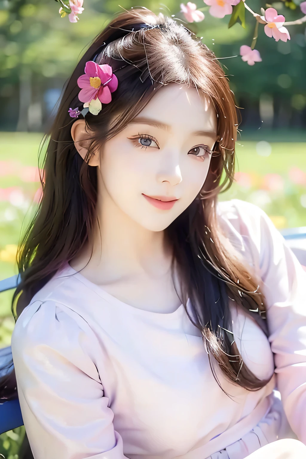 Bae irene, irene rv, a young girl in the style of the 1980s, sitting in a field of colorful flowers, looking directly at the camera and smiling, pastel-colored aesthetic, bae irene, red velvet, detailed face, beautiful eyes, detailed lips, long eyelashes, photorealistic, 8k, highly detailed, masterpiece, professional photography